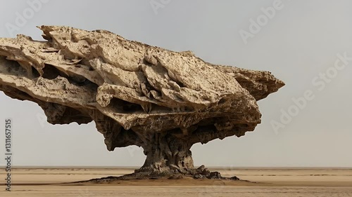 A massive rock formation resembling a tree stands alone in a barren landscape, showcasing natural beauty and geological wonder.