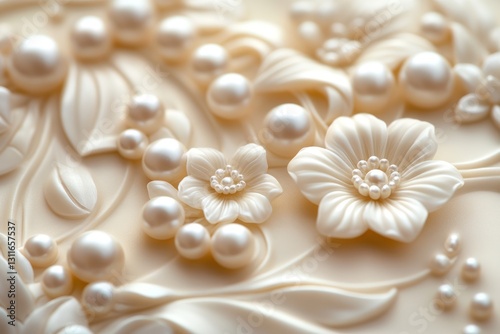 Elegant pearl and floral cake detail; wedding, close-up