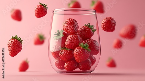 Strawberries fall into glass. Pink background, use menu, recipe, food blog, store ads