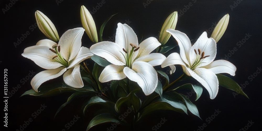 Fototapeta premium Vividly painted white lilies emerge from a deep black canvas, their delicate petals and vivid stamens rendered in exquisite detail and rich hues. Each bloom exudes realism and elegance