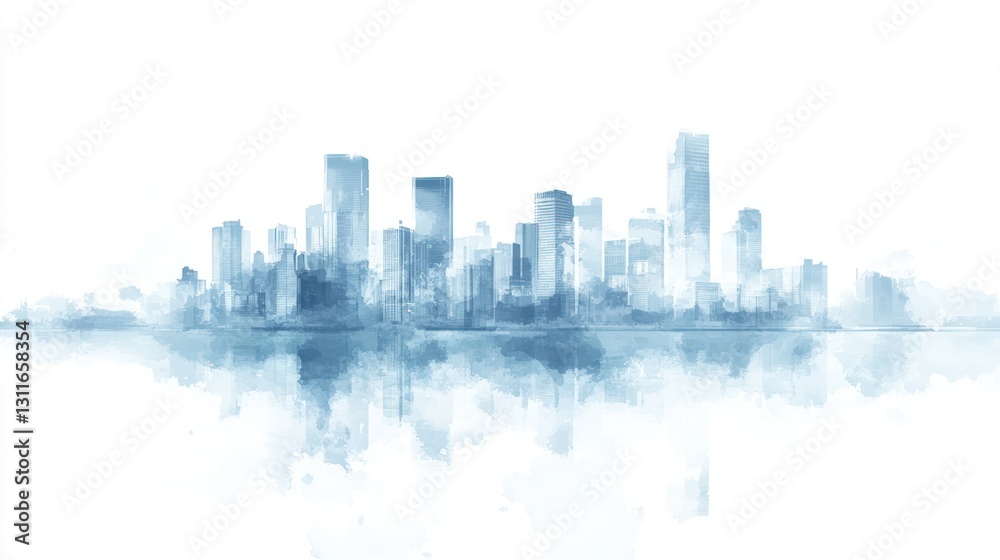 Fototapeta premium Cityscape watercolor painting, urban skyline reflection, modern buildings, background white, website banner