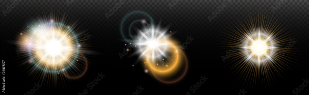 Set of flash light effect with glare and glow on a transparent background. Magic, rainbow glow, shining light, stars, optical flares for design, photomontage, New Year and holiday projects. Set of flash light effect with glare and glow on a transparent background. Magic, rainbow glow, shining light, stars, optical flares for design, photomontage, New Year and holiday projects.