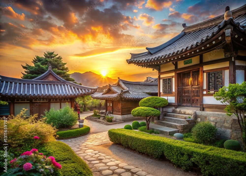 Traditional Korean Hanok House at Sunset, Rule of Thirds Composition Traditional Korean Hanok House at Sunset, Rule of Thirds Composition