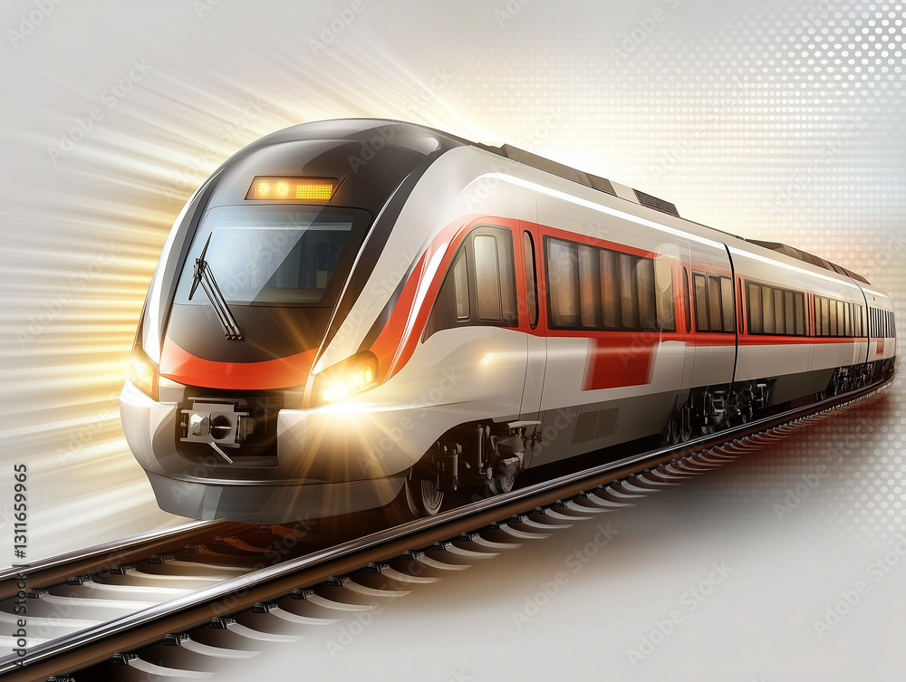 Naklejka premium Modern high-speed train traveling on railway tracks at sunset