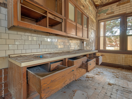 Damaged kitchen cabinets in abandoned house showing decay and neglect