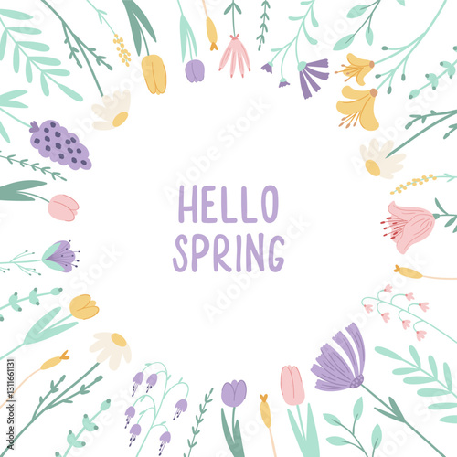 Cute square poster with spring flowers on white background. Holiday design for covers, posters, banners, greeting cards with lettering Hello Spring. Vector illustration