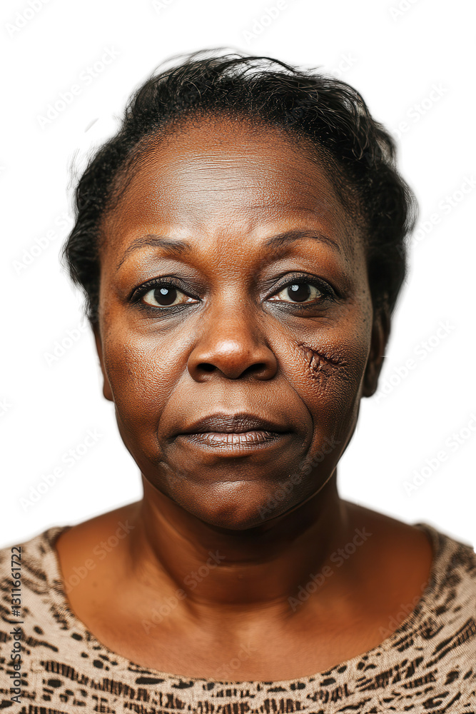 Obraz premium Woman with facial scars looking directly at camera, showcasing resilience, emotional strength, personal story, close-up portrait on isolated white background.