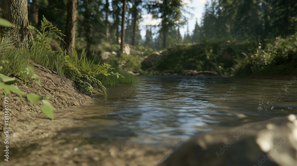 A river with a forest in the background. The water is calm and clear A river with a forest in the background. The water is calm and clear
