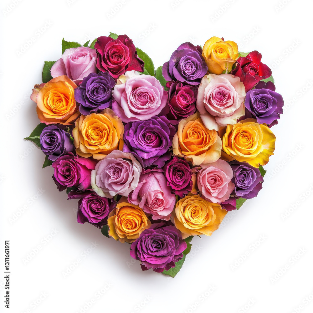 Beautiful heart shaped arrangement of colorful roses, showcasing vibrant hues of red, pink, purple, and yellow, symbolizing love and affection. Perfect for romantic occasions Beautiful heart shaped arrangement of colorful roses, showcasing vibrant hues of red, pink, purple, and yellow, symbolizing love and affection. Perfect for romantic occasions