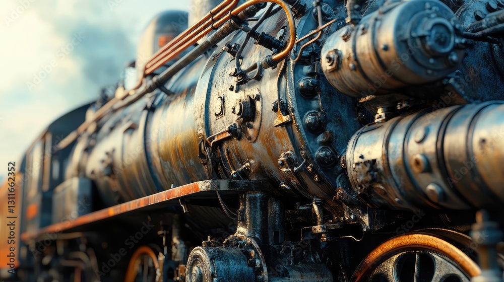 An old locomotive's complex mechanical engine, covered in grease and steam, against a blurred industrial background with copy space. An old locomotive's complex mechanical engine, covered in grease and steam, against a blurred industrial background with copy space.