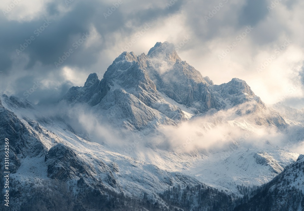Photograph of the Triglav mountain peak in winter, Dolenjska, Slovenia, by bishopjdesign, a photo that showcases the beauty and grandeur of the snow-covered mountains against a cloudy sky Photograph of the Triglav mountain peak in winter, Dolenjska, Slovenia, by bishopjdesign, a photo that showcases the beauty and grandeur of the snow-covered mountains against a cloudy sky