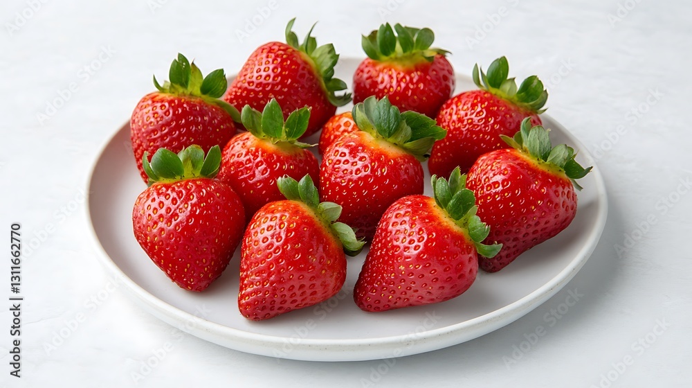 Red strawberries on white plate, for ad or menu, minimalist bright background Red strawberries on white plate, for ad or menu, minimalist bright background