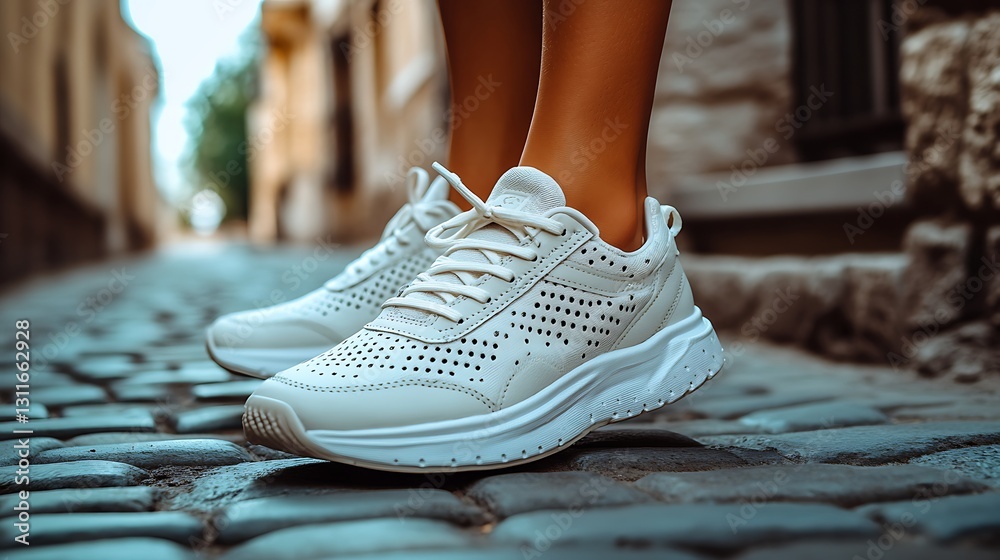 Stylish Woman s Perforated Beige Sneakers on Cobblestone Street Stylish Woman s Perforated Beige Sneakers on Cobblestone Street