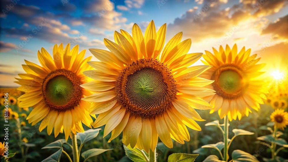 Fototapeta premium Triple Delight: Vibrant Yellow Sunflowers in High-Definition Bloom