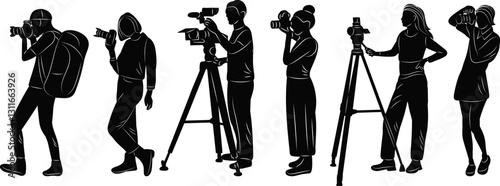 reporters, journalists, photographers silhouette, vector on white background
