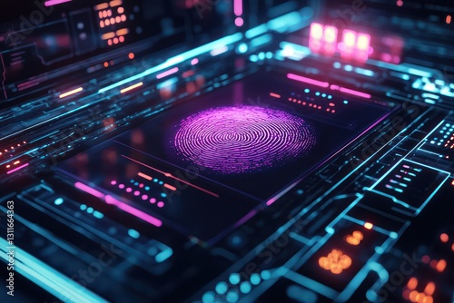 Enhanced security systems visualized through a neon-lit interface displaying fingerprint-based authentication.