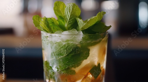 Cold mint julep in a glass with ice and a sprig of mint, ready to be enjoyed.