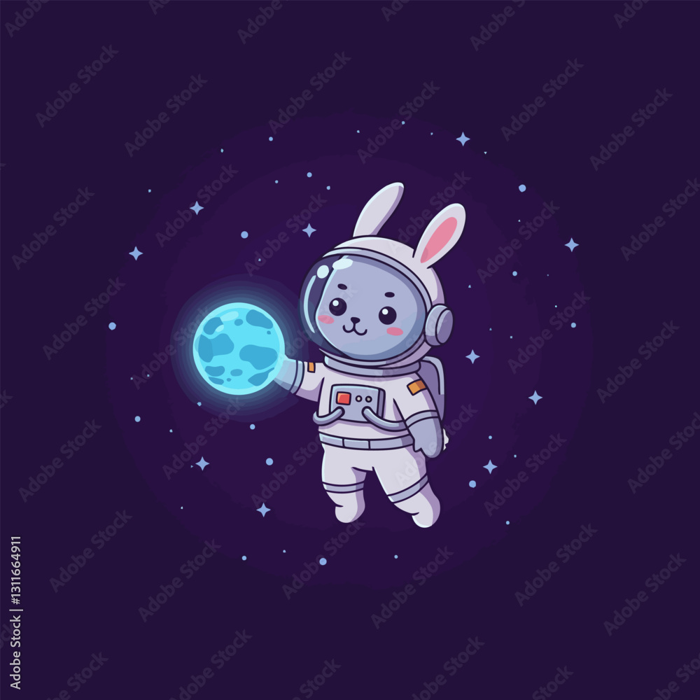 Naklejka premium Astronaut Rabbit Floating in Space Holding a Glowing Blue Orb