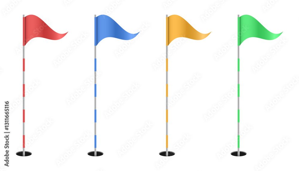 Colorful golf flags marking different holes on the course Colorful golf flags marking different holes on the course