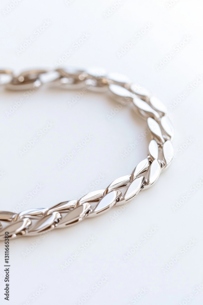 Close-up view of sleek silver bracelet with geometric links on a clean surface Close-up view of sleek silver bracelet with geometric links on a clean surface