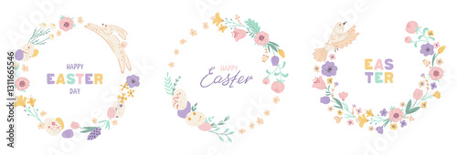 Set Easter wreaths with cute rabbit, bird, eggs, spring flowers and branches on white background. Decorative frame with lettering. Design for your greeting cards, banners, flyers. Vector illustration