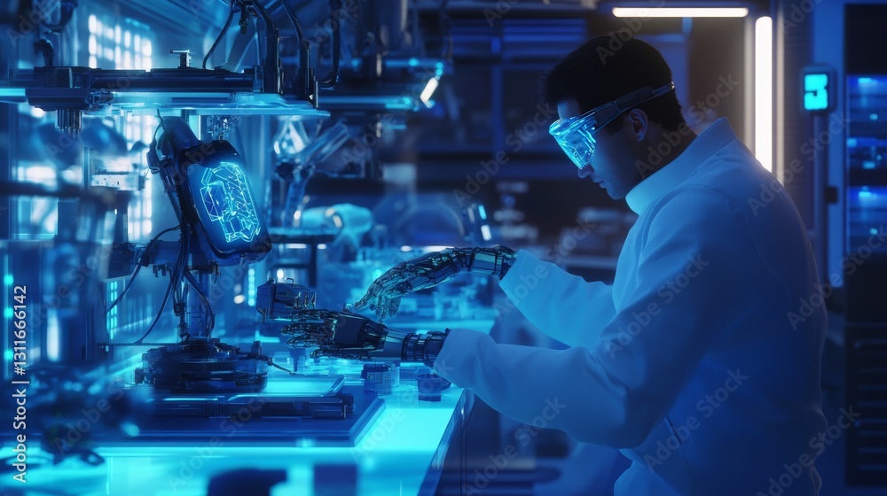 A technician repairing a sophisticated robot in a high-tech lab, with holographic diagnostic tools and blue lighting A technician repairing a sophisticated robot in a high-tech lab, with holographic diagnostic tools and blue lighting