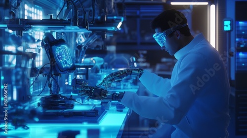 A technician repairing a sophisticated robot in a high-tech lab, with holographic diagnostic tools and blue lighting
