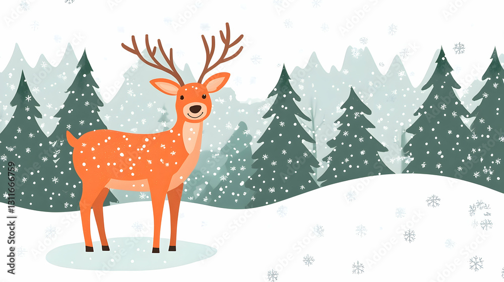 Cartoon Deer in Snowy Forest with Pine Trees and Falling Snowflakes