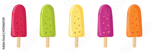 Set of cute summer fruit ice cream of different colors and flavors. Strawberry, lemon, berry and apple. Vector images of frozen juice on a transparent background. Collection of scrapbooking stickers.
