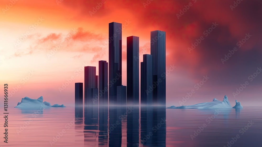Fototapeta premium Iceberg melting idea. Futuristic skyline with tall structures reflecting in serene waters at sunset.