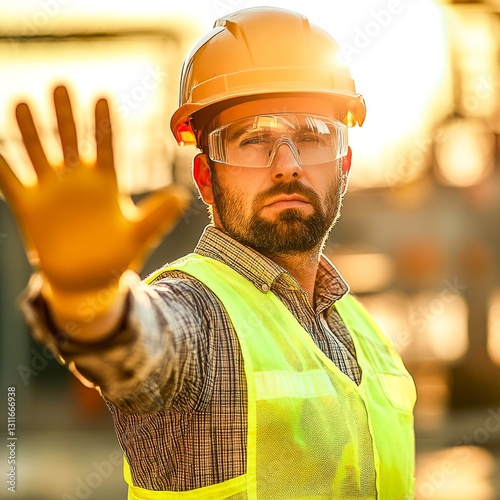 male worker, safety engineer,  with outstretched arm making a stop sign with his hand, looking ahead.
