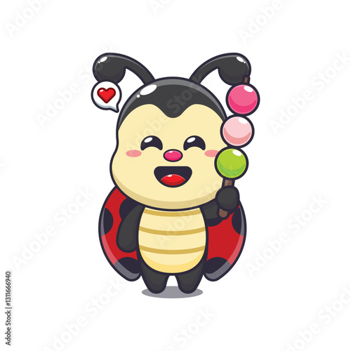 ladybug eating dango. mascot cartoon character vector illustration.