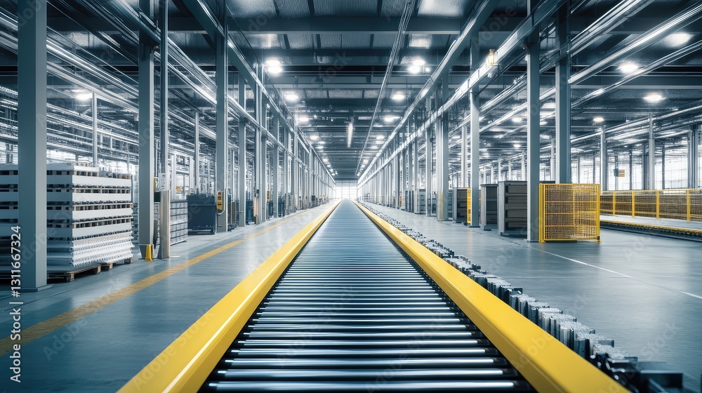 Assembly line machinery with conveyor belts moving metallic parts, creating an industrial production concept with empty space on the right. Assembly line machinery with conveyor belts moving metallic parts, creating an industrial production concept with empty space on the right.