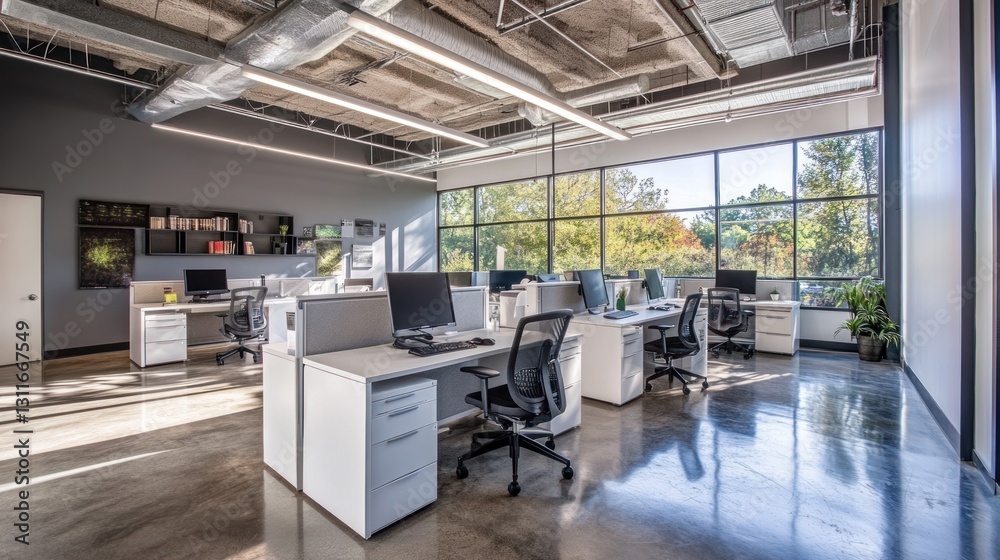 Modern office space with large windows overlooking trees Modern office space with large windows overlooking trees