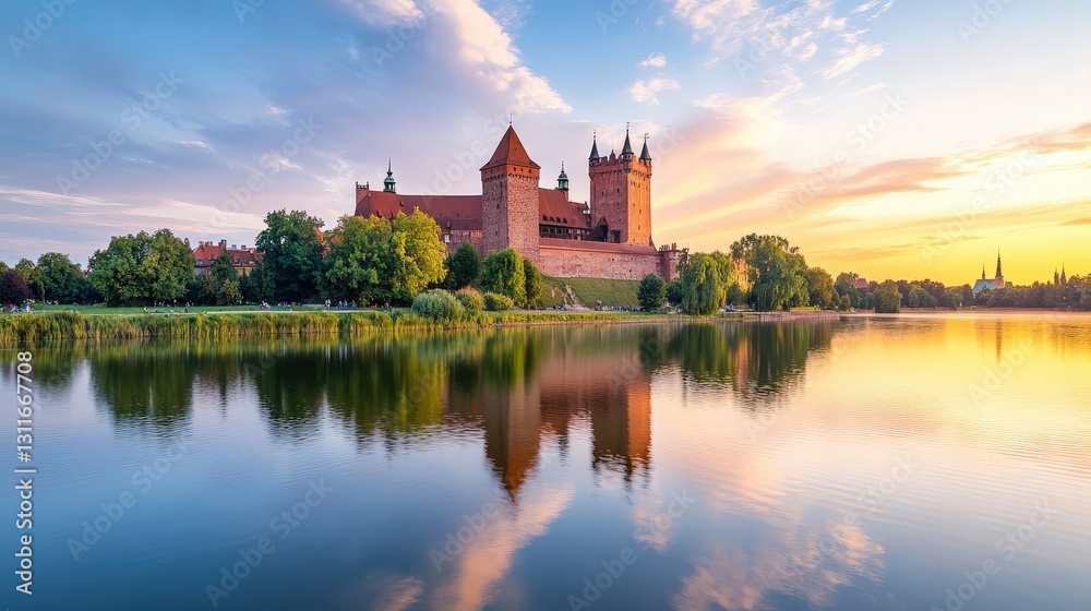 A picturesque castle reflected in calm waters during sunset, surrounded by lush greenery and vibrant skies. A picturesque castle reflected in calm waters during sunset, surrounded by lush greenery and vibrant skies.