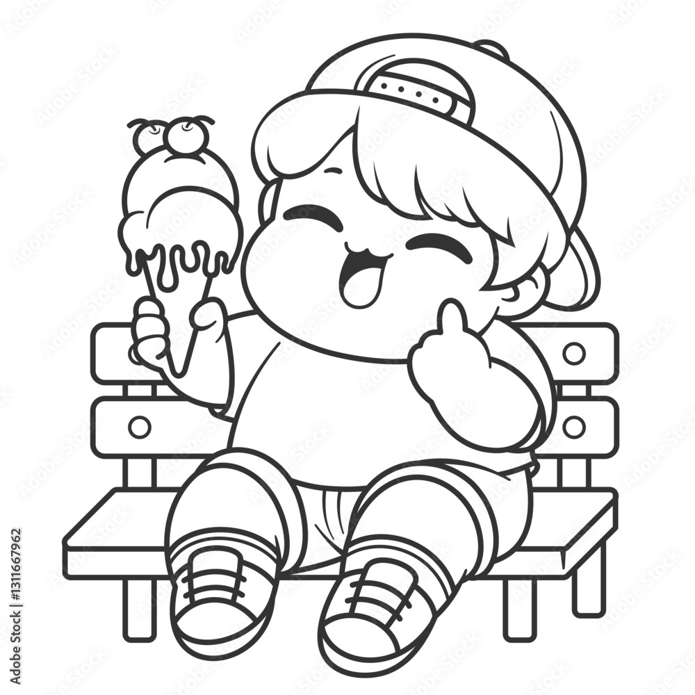 Obraz premium Fat boy eating ice cream while sitting on a chair, for coloring