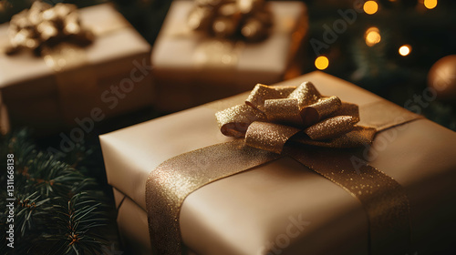 Elegant Christmas Gifts with Gold Bows on a Festive Background