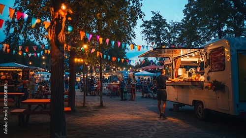 Evening food truck festival with colorful bunting, lights, and people enjoying food and drinks.