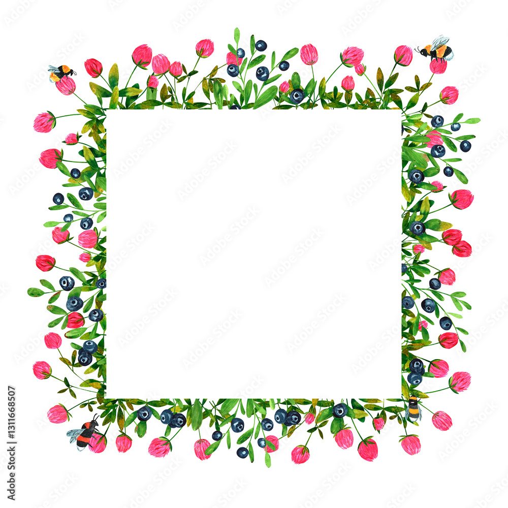 Fresh blueberries and clover flowers background. Set of frames of watercolor berries and clovers, dragonflies, butterflies, bumblebees and bees. Clip art, design element. Fresh blueberries and clover flowers background. Set of frames of watercolor berries and clovers, dragonflies, butterflies, bumblebees and bees. Clip art, design element.