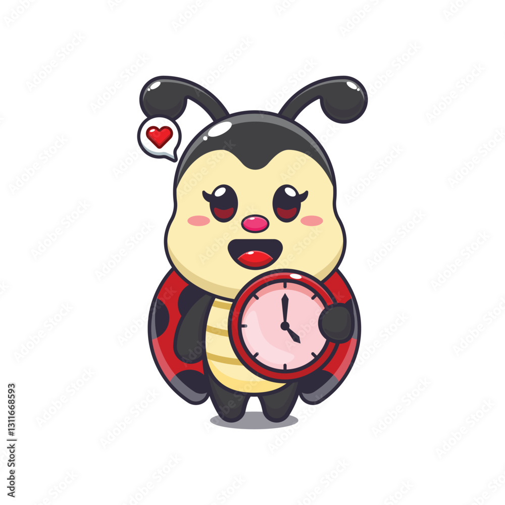 Naklejka premium ladybug with clock. mascot cartoon character vector illustration.