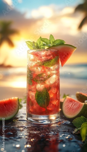 watermelon artisan mojito in a glass on the beach