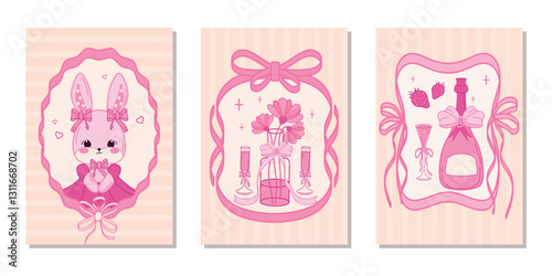 A set of vintage flirtatious greeting cards. Template for a poster, banner, wedding invitation, birthday card with a cute rabbit, bouquet of flowers and champagne. Vector illustration.