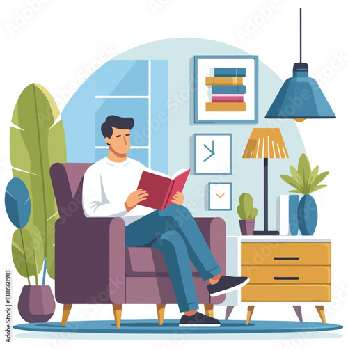 Relaxing at Home Illustration of a Man Reading a Book