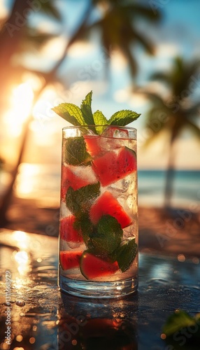 watermelon artisan mojito in a glass on the beach