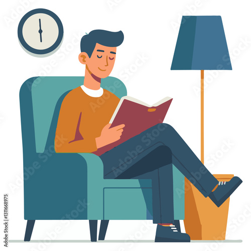 Man Relaxing with Book Illustration of Reading at Home