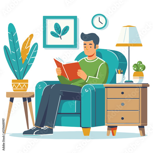 Home Reading Illustration A Man Enjoys Time with Book