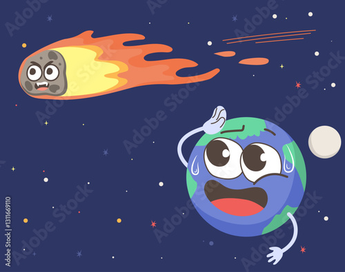 Illustration of a comet flying through space close to planet Earth. Relieved planet avoiding his destruction