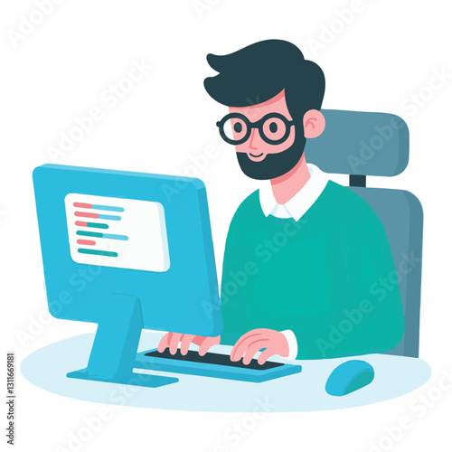 Bearded Coder Working Passionately Illustration of Software Developer