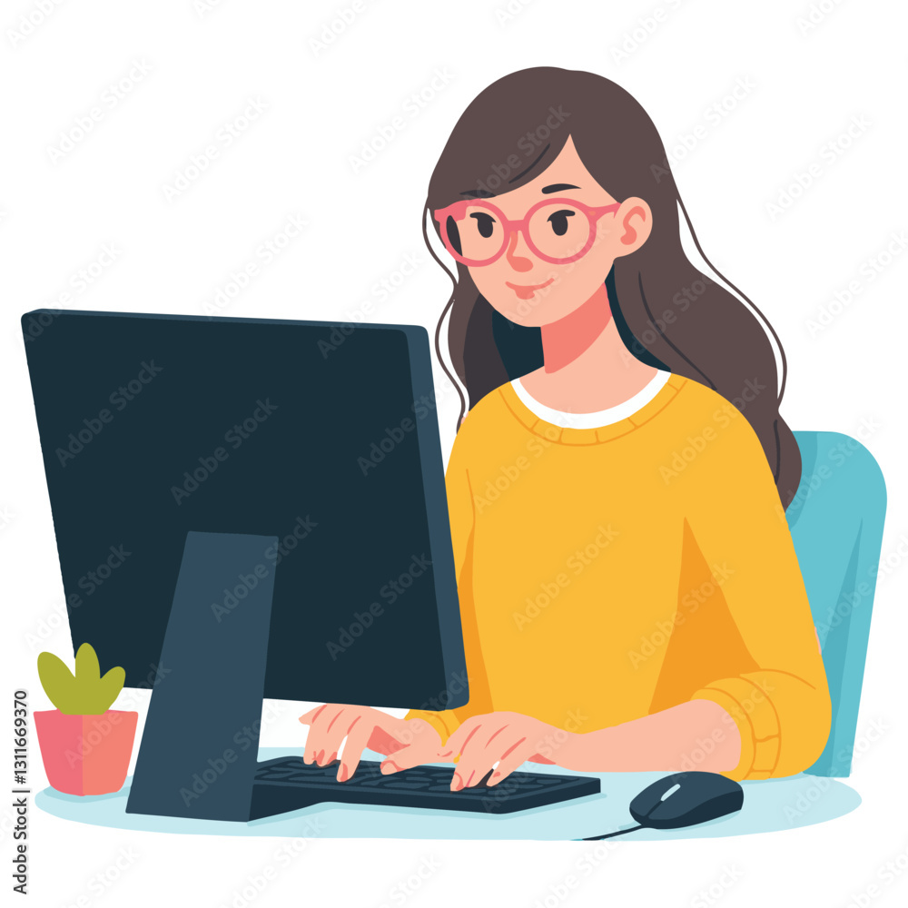 Happy Female Professional Working at Computer Illustration Vector Happy Female Professional Working at Computer Illustration Vector