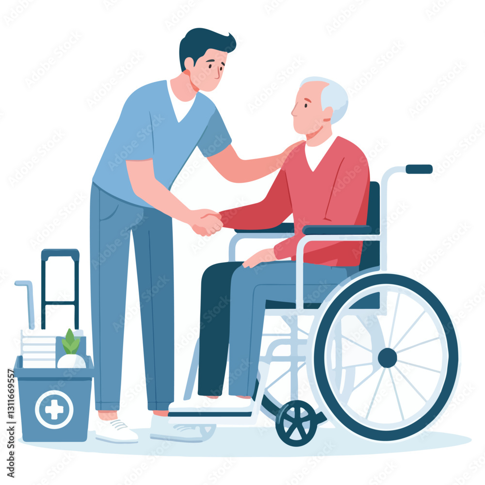 Kind Caregiver Assisting Senior Man in Wheelchair Illustration Kind Caregiver Assisting Senior Man in Wheelchair Illustration